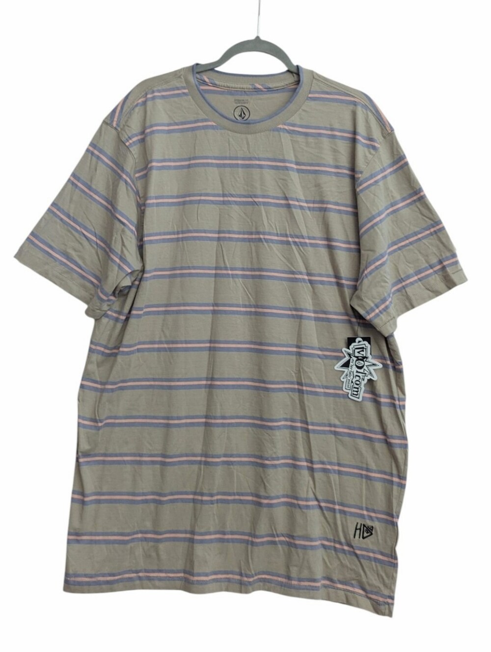 Volcom Striped T-Shirt Cotton Beige Pink Crew Neck Size XXL NWT
